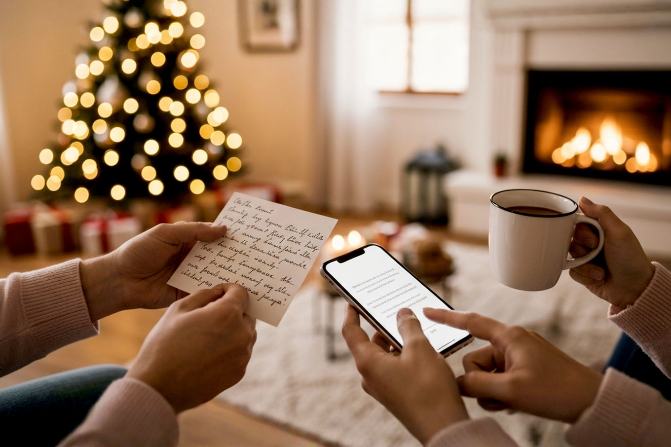A warm, inviting, lifelike professional photograph capturing the essence of Christmas Eve. The scene should feature a cozy, softly lit living room with a beautifully decorated Christmas tree glowing in the background. In the foreground, hands are gently holding or interacting with elements symbolizing connection and communication: one hand holding a beautifully handwritten Christmas card, another gently tapping a smartphone screen displaying a festive message, and perhaps a third hand holding a warm mug of cocoa. The focus should be on the hands and the items, with a shallow depth of field. Lighting should be soft, warm, and golden, emanating from the tree lights and a nearby fireplace, creating a sense of peace, anticipation, and togetherness. The mood is serene, joyful, and intimate. The composition should be a close-up, horizontal shot, emphasizing the details and textures of the card, phone, and cozy elements.