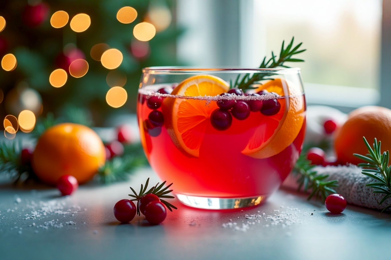 Professional, lifelike, high-resolution photograph of a beautifully garnished non-alcoholic Christmas fruit punch in a clear glass punch bowl, placed on a festive holiday table. The punch is vibrant red with floating orange slices, fresh cranberries, and sprigs of rosemary. The background is softly blurred with warm, inviting Christmas lights and subtle holiday decor, creating a cozy and joyful mood. Composition is eye-level, focusing on the punch bowl as the centerpiece. Lighting is soft, warm, and inviting, emphasizing the liquid's sparkle and the freshness of the fruit. The style should evoke a high-end food magazine cover.