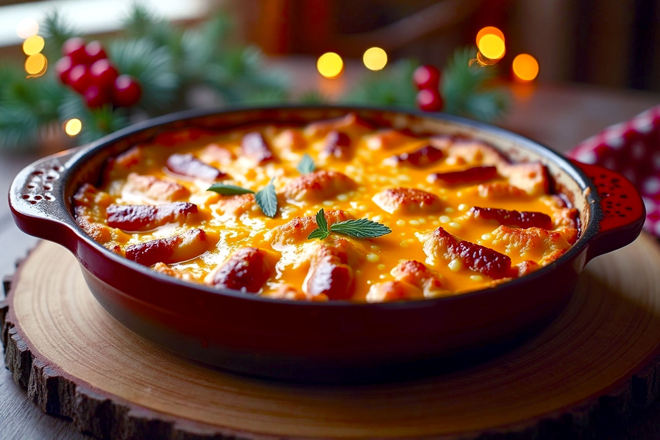 A professional, lifelike, high-resolution photograph capturing a warm, inviting Christmas morning breakfast casserole with hash browns. The casserole is golden brown on top, with melted cheese bubbling, and visible layers of hash browns, eggs, and crumbled sausage. It's presented in a rustic ceramic baking dish on a wooden farmhouse table, surrounded by soft, out-of-focus Christmas decorations like twinkling lights, a hint of pine branches, and a festive red berry sprig. Soft, warm morning light streams in from a window, creating gentle highlights and shadows. The composition is a slightly elevated, close-up shot, emphasizing the casserole's texture and deliciousness. The mood is cozy, joyful, and comforting.