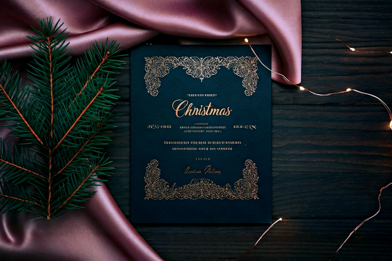 A professional, lifelike photograph of a beautifully designed, elegant Christmas invitation card resting on a dark wooden table next to a small, tastefully decorated Christmas tree branch with soft, warm fairy lights. The composition should be a close-up, slightly overhead shot, focusing on the intricate details of the invitation. The lighting should be soft, warm, and inviting, creating a cozy and festive mood. The background should be subtly blurred to keep the focus on the invitation. The overall aesthetic should be high-end, professional photography, evoking a sense of sophistication and holiday cheer.