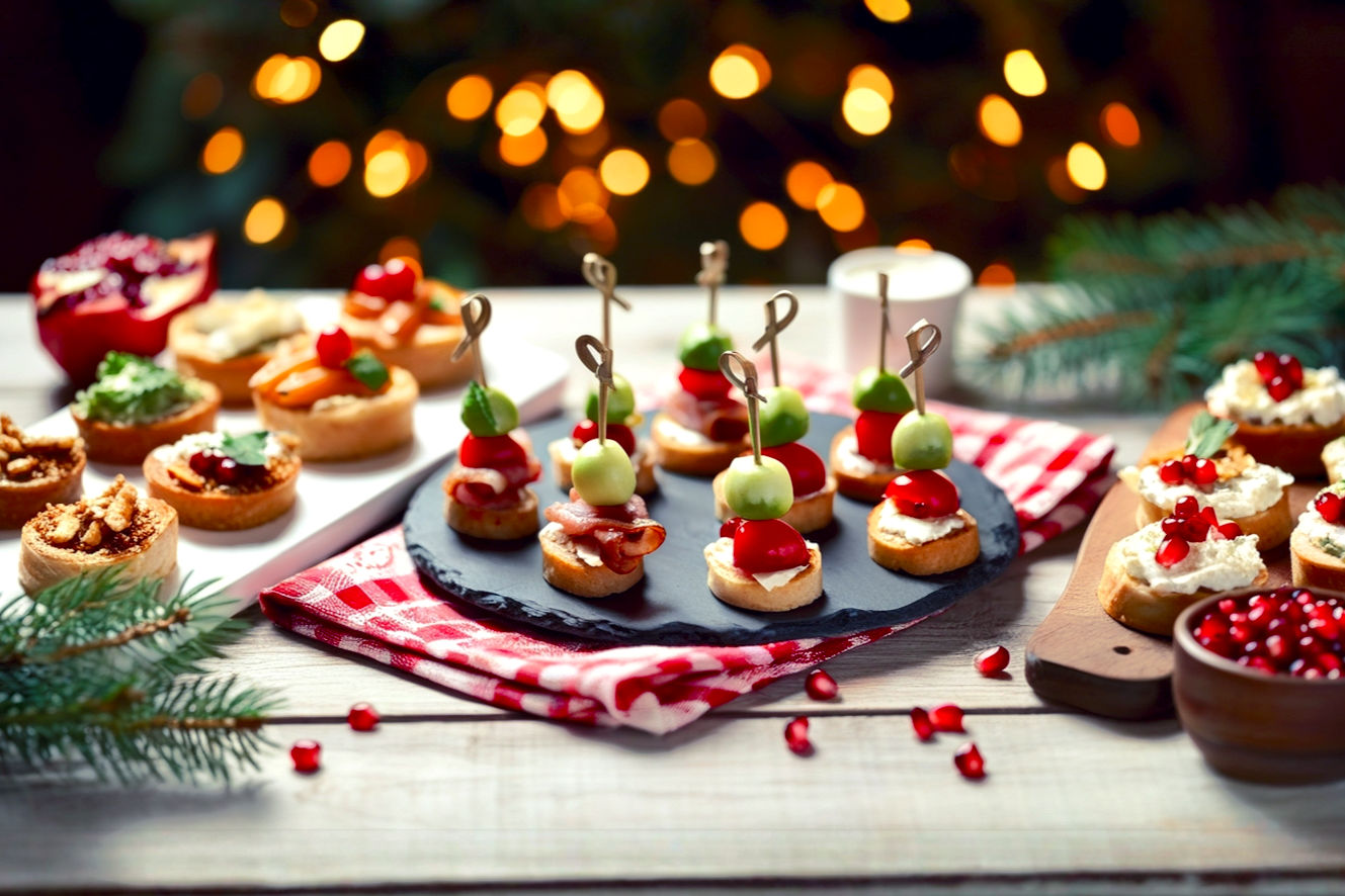 Professional, lifelike, high-resolution photograph capturing a beautifully arranged Christmas appetizer spread on a rustic wooden table. The scene should feature a variety of festive appetizers, including mini sausage rolls, bacon-wrapped dates, Caprese skewers, and cranberry brie bites, artfully arranged on white and red serving platters. Include elements like fresh rosemary sprigs, pomegranate seeds, and twinkling fairy lights in the softly blurred background to enhance the holiday mood. The lighting should be warm and inviting, mimicking cozy indoor evening light, with a shallow depth of field to keep the appetizers in sharp focus. The overall mood should be joyful, abundant, and elegant, reflecting a successful Christmas party.