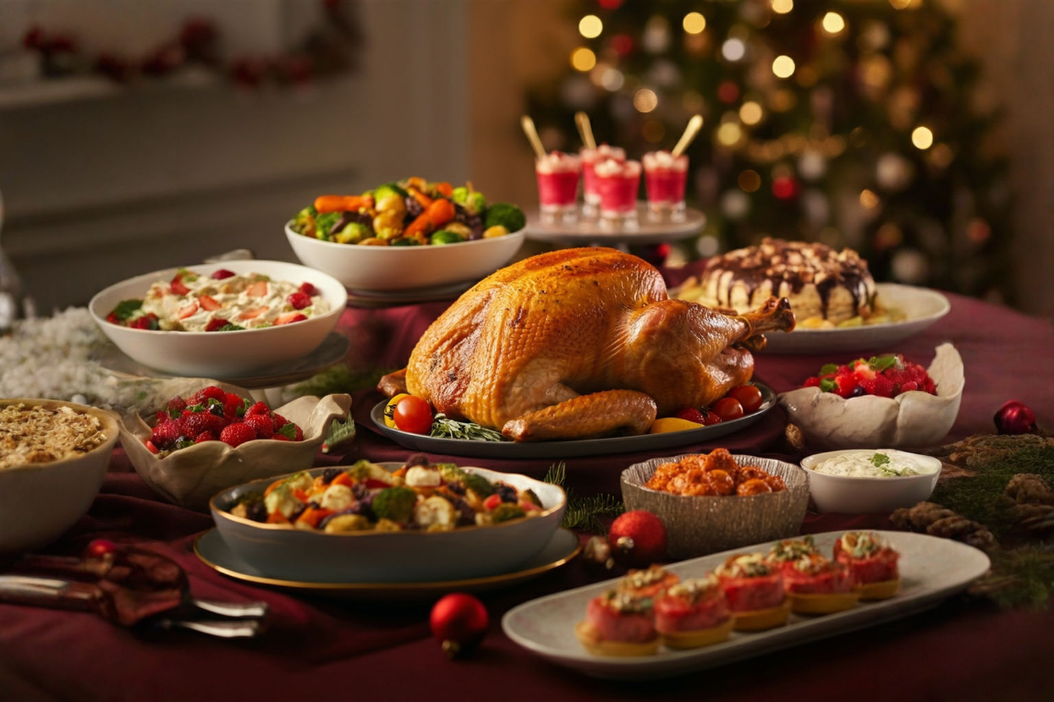 A vibrant, lifelike professional photograph capturing a beautifully arranged Christmas party buffet table. The table is laden with an assortment of diverse, crowd-pleasing dishes: a golden-brown roasted turkey or ham as the centerpiece, alongside colorful roasted vegetables, a creamy dip with crackers, and elegantly presented mini desserts.