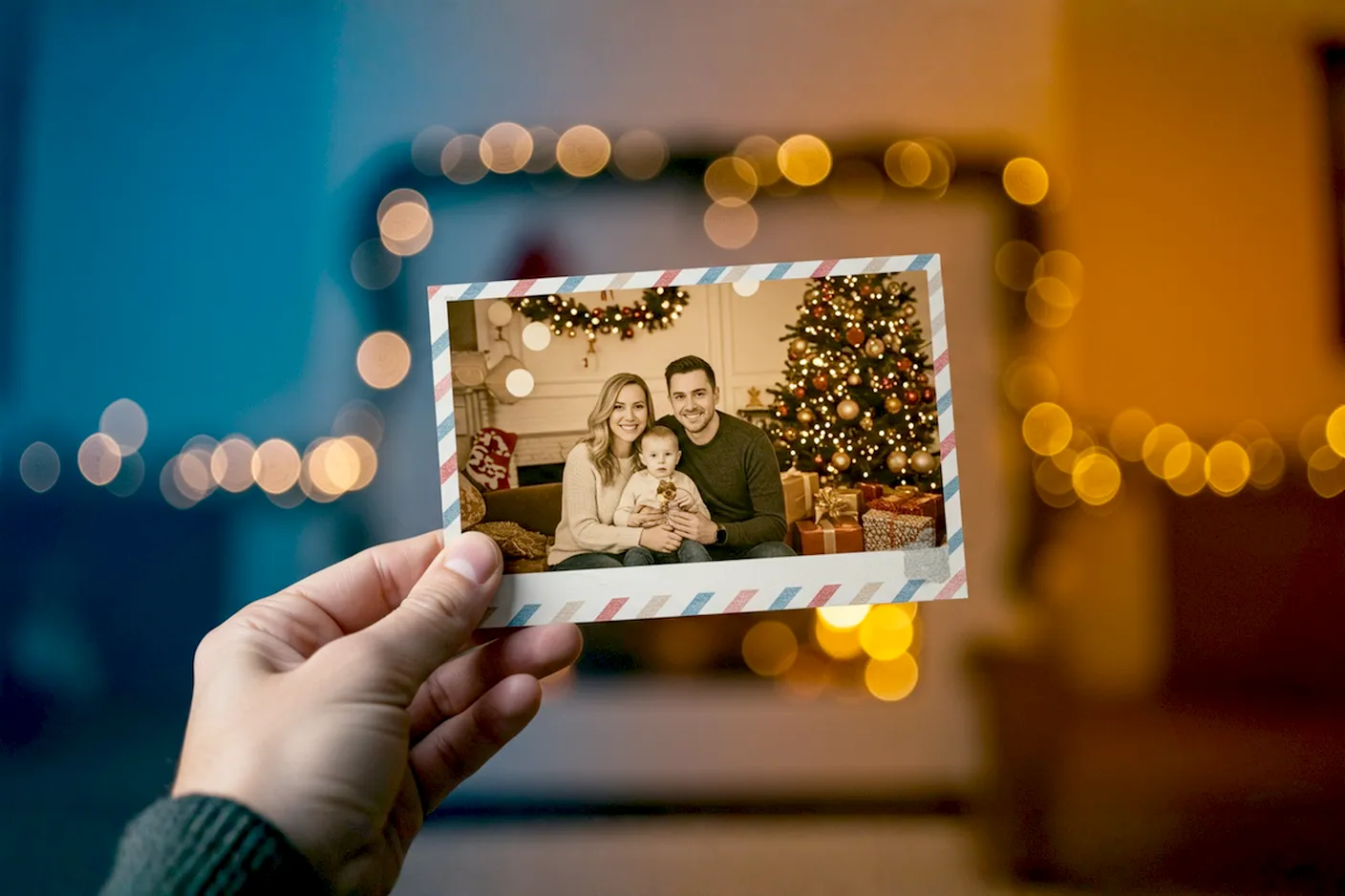 Lifelike pro photography style image of a hand holding a beautifully designed, slightly textured Christmas photo postcard. The postcard features a warm, candid family photo with subtle holiday elements (e.g., soft bokeh lights, a hint of evergreen). The background is a softly blurred, cozy holiday scene, perhaps a decorated mantelpiece or a warm living room with a Christmas tree. The lighting is soft and inviting, emphasizing the personal and heartfelt nature of the greeting. Focus on the details of the postcard and the warmth of the scene, with a shallow depth of field to draw attention to the postcard itself.