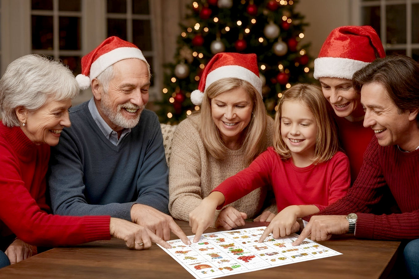 Lifelike professional photography style image illustrating the core theme of 'Challenge Your Brain: Fun Christmas Rebus Puzzles for All Ages'. The image features a multi-generational family (grandparents, parents, children) gathered around a cozy, warmly lit living room during Christmas. They are actively engaged, smiling, and pointing at a sheet of Christmas-themed rebus puzzles spread on a coffee table. Capture genuine interaction and joy.