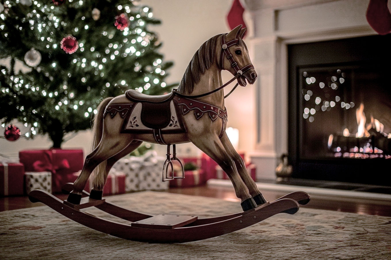 Lifelike professional photography of a beautifully crafted, traditional wooden rocking horse positioned under a softly lit Christmas tree. The scene should evoke warmth, nostalgia, and a sense of classic holiday magic. The rocking horse should be the central focus, showcasing its intricate details and smooth finish. Soft, warm lighting (like twinkling Christmas lights and a cozy fireplace glow) should illuminate the scene, creating a gentle, inviting atmosphere. The background should be slightly blurred to keep focus on the horse, but hints of a festive, decorated living room are visible. The mood is peaceful, enchanting, and full of anticipation. Avoid any people or overt commercial branding. The core theme is the timeless allure and potential heirloom quality of a Christmas rocking horse.