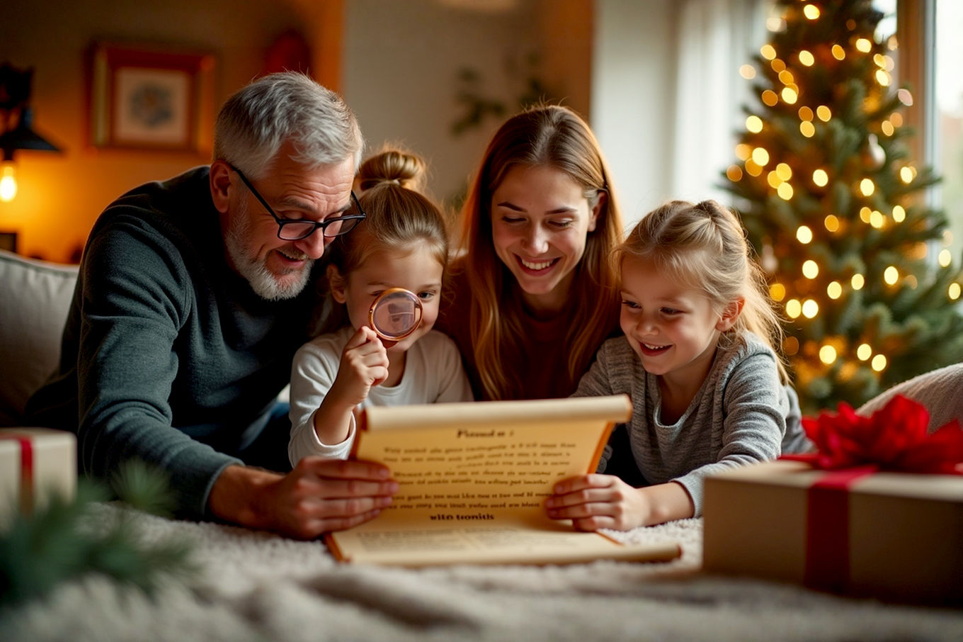Pro photography style, lifelike, vibrant, warm lighting. A traditional family (parents, two children aged around 8 and 12, and a grandparent) is gathered in a festively decorated living room. They are excitedly looking at a small, decorative scroll with a riddle on it, holding a magnifying glass. One child points towards a Christmas tree in the background, which is softly blurred with bokeh lights. There are wrapped presents visible. The scene should convey joy, togetherness, and a sense of discovery. Focus on natural expressions and warm, inviting colors. Shot with a shallow depth of field, golden hour lighting.