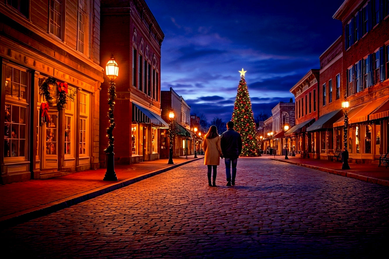 Professional, lifelike photograph capturing the enchanting atmosphere of a small American town at dusk during Christmas. The scene features a cobblestone street lined with historic, warmly lit buildings adorned with classic, tasteful holiday lights and evergreen garlands. In the foreground, a couple bundled in winter coats walks hand-in-hand, their backs slightly to the camera, looking towards a brightly lit town square with a large, decorated Christmas tree. Soft, falling snow adds to the magical, cozy mood. The lighting is warm and inviting, emphasizing the glow of the lights against the twilight sky. Focus on depth of field, with the town's festive details sharp and the background softly blurred. Pro photography style, high resolution, cinematic quality, golden hour lighting.