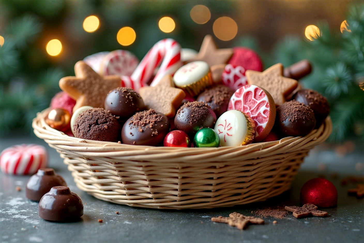 Professional, lifelike studio photography of an exquisitely arranged Christmas sweet basket. The basket is a rustic, light-colored wicker, overflowing with a variety of festive, high-quality sweets: rich dark chocolate truffles dusted with cocoa, vibrant red and green peppermint bark shards, perfectly frosted gingerbread cookies with intricate icing, and glossy, jewel-toned hard candies. A few elegant, gold-wrapped chocolates are nestled amongst the treats. The composition is a close-up, slightly elevated eye-level shot, focusing on the abundance and texture of the sweets. Soft, warm, golden hour lighting from the top-right casts gentle shadows, highlighting the details and creating a cozy, inviting mood. The background is softly blurred with subtle hints of festive decorations like twinkling lights and evergreen branches, maintaining focus on the basket. The overall aesthetic is luxurious, inviting, and celebratory, emphasizing the joy and indulgence of holiday gifting.
