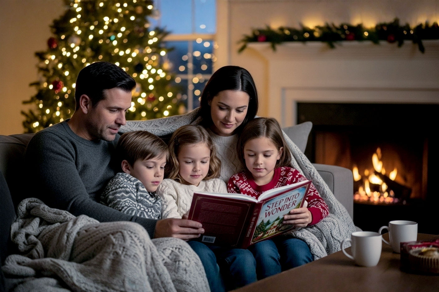 A professional, lifelike photograph capturing the core theme of 'Step Into Wonder: The Ultimate Treasury of Christmas Tales for All Ages'. The image features a cozy, warmly lit living room scene during twilight. A family (parents, three children aged approximately 7 and 12) is gathered comfortably on a plush sofa, snuggled under a soft blanket. They are intently focused on an open, beautifully illustrated Christmas storybook held by one of the parents. A classic, decorated Christmas tree with soft, glowing lights stands in the background, slightly out of focus. A warm fireplace with a gentle fire casts a soft, inviting glow on the scene. There are mugs of hot cocoa on a nearby coffee table. The overall mood is one of warmth, togetherness, wonder, and quiet joy. The composition should be a medium shot, focusing on the family and the book, with a shallow depth of field. The lighting is soft, warm, and inviting, emphasizing the glow from the tree and fireplace. Professional photography style, high resolution, realistic textures, natural expressions.
