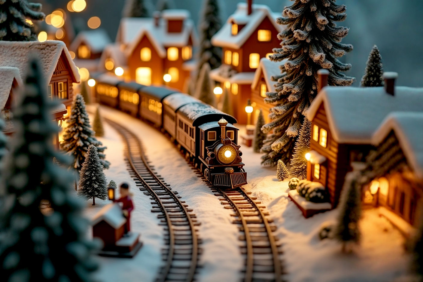 Lifelike professional photography of a beautifully illuminated, intricate Christmas train set winding through a charming, snow-covered miniature Christmas village. The scene should be warm and inviting, with glowing lights from the village buildings and train, delicate artificial snow, and festive details like tiny trees and figurines. Focus on a wide shot that captures the magic and detail of the entire display, with soft, ambient lighting creating a cozy holiday atmosphere. High resolution, shallow depth of field to highlight the miniature elements, pro studio lighting.