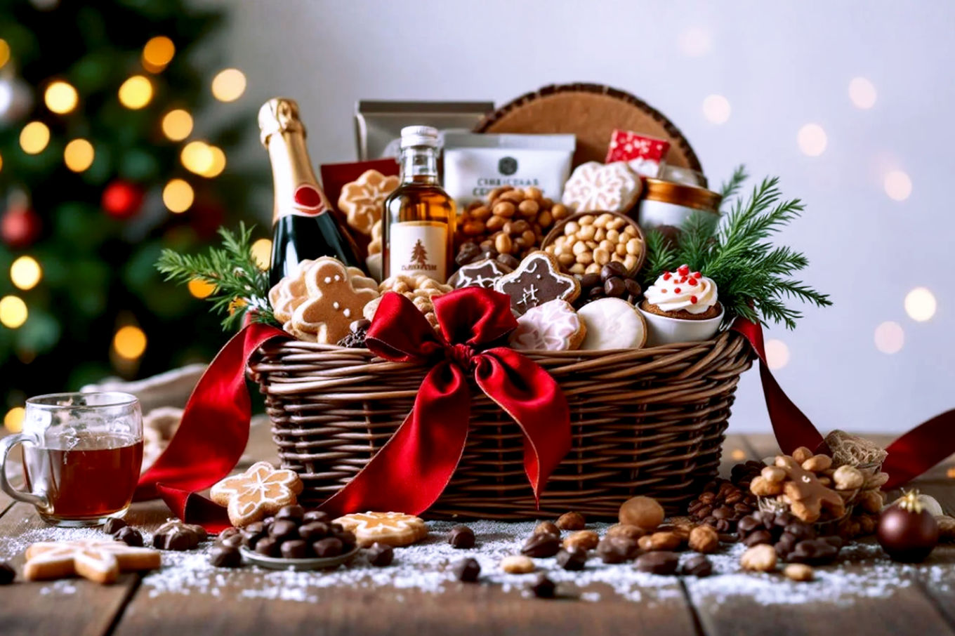 A beautifully arranged, overflowing Christmas gift basket, filled with an assortment of gourmet holiday treats like artisanal chocolates, frosted gingerbread cookies, candied nuts, a small bottle of sparkling cider, and a festive mug. The basket is a rustic wicker, adorned with a rich red velvet ribbon and a sprig of pine. It's set on a warm, softly lit wooden surface with blurred, twinkling Christmas lights in the background, creating a cozy and inviting atmosphere. The photography style is lifelike, professional, and high-resolution, with a shallow depth of field to highlight the basket's contents.