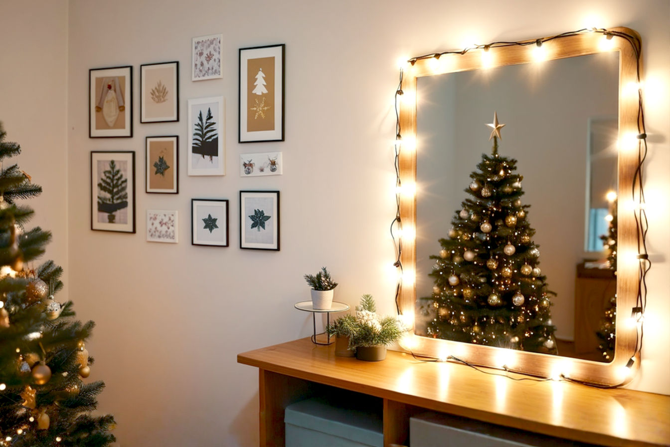 A professional, lifelike photograph of a beautifully decorated living room wall during Christmas. The wall features a blend of elegant and creative Christmas wall accents: a minimalist wall-mounted Christmas tree made of string lights and small ornaments, a sophisticated holiday gallery wall with framed festive prints and family photos, and a delicate evergreen garland draped gracefully over a large mirror, reflecting soft, warm fairy lights.