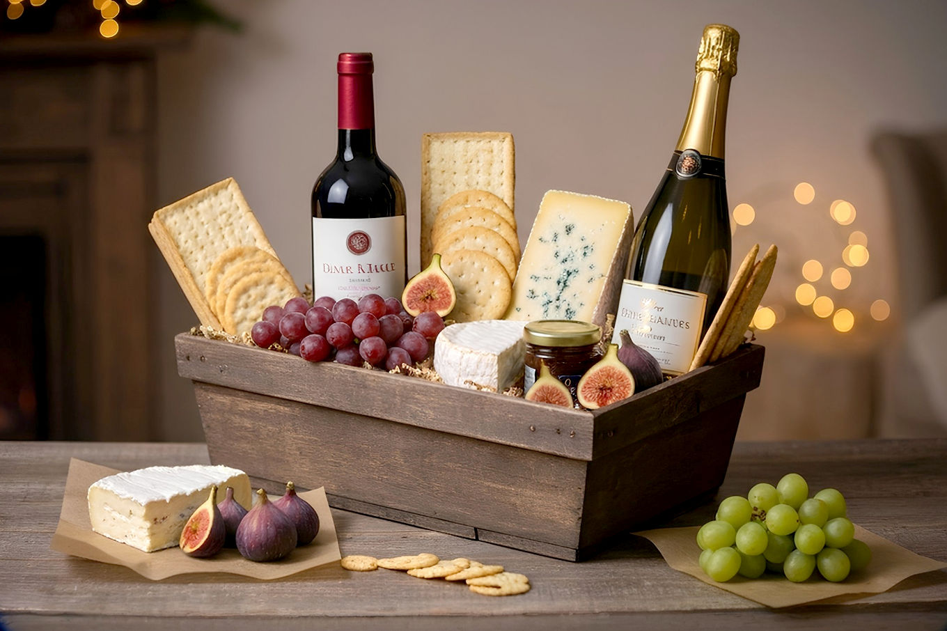 A lifelike, professional photography style image illustrating the core theme of 'Christmas Wine and Cheese Baskets'. The composition should feature a beautifully arranged rustic wooden basket filled with an assortment of gourmet cheeses (Brie, aged Cheddar, blue cheese), a bottle of red wine and a bottle of sparkling wine, artisanal crackers, fresh grapes, figs, and a small jar of fig jam. The setting is a cozy, warm Christmas scene, with soft, inviting lighting, possibly with blurred fairy lights or a fireplace in the background. The mood is elegant, festive, and inviting. Focus on rich textures and warm tones. Shot with a shallow depth of field to highlight the basket, creating a sense of abundance and luxury. High-resolution, professional studio shot.