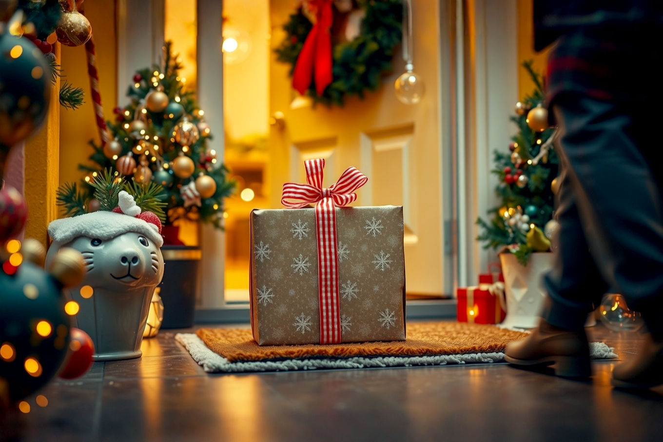 The scene should feature a beautifully wrapped Christmas wine gift box or basket being gently placed by a friendly delivery person (wearing a festive touch like a Santa hat or small reindeer antlers) onto the doorstep of a cozy, festively decorated home. The doorstep should have a welcoming doormat and perhaps a string of warm fairy lights or a small wreath on the door. The composition should be slightly elevated, looking down at the package, emphasizing the act of delivery and the convenience. Lighting should be warm, soft, and inviting, suggesting a festive evening or a crisp, bright winter morning. The mood should be one of joy, anticipation, and effortless holiday cheer. Focus on rich colors, sharp detail, and a shallow depth of field to highlight the gift. Avoid any visible logos or brand names on the packaging or uniform.