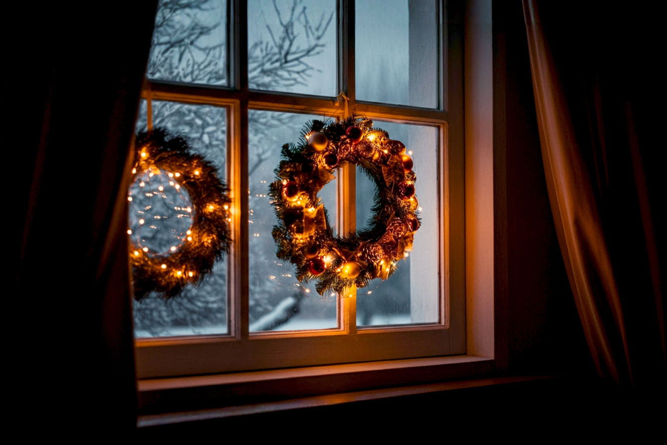 A lifelike, professional photograph capturing a cozy, festive home interior looking out through a large, clean window. On the inside of the window, a beautifully decorated, traditional Christmas wreath with warm white LED lights is subtly hung, casting a soft glow. Through the window, an identical, slightly larger wreath is visible on the exterior, perfectly aligned, creating a harmonious dual display. The outdoor scene shows a hint of snow or frost on tree branches, suggesting a crisp winter evening. The composition should be eye-level, focusing on the window and the wreaths, with a shallow depth of field that keeps the wreaths sharp while blurring the background just enough to imply a festive, welcoming atmosphere. Soft, warm indoor lighting mixes with the cool, ambient light from outside. The mood is serene, inviting, and magical. Pro photography style, high resolution, natural colors, realistic textures.