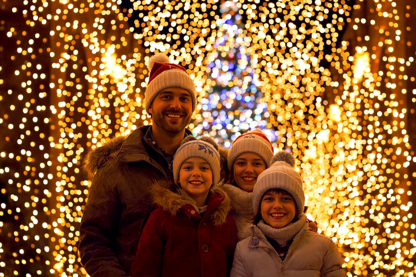 A vibrant, lifelike professional photograph capturing the festive atmosphere of Christmas in Huntsville, Alabama. The central focus should be a family (parents and two children, aged 6-10) smiling warmly, bundled in winter attire, standing in front of a dazzling, blurred background of twinkling Christmas lights. The composition should be a medium shot, slightly off-center, with the family looking towards the camera. Emphasize warm, inviting golden and cool blue lighting from the lights, creating a magical bokeh effect. The mood should be joyful, cozy, and full of holiday wonder. The core theme is planning a perfect holiday experience in Huntsville.