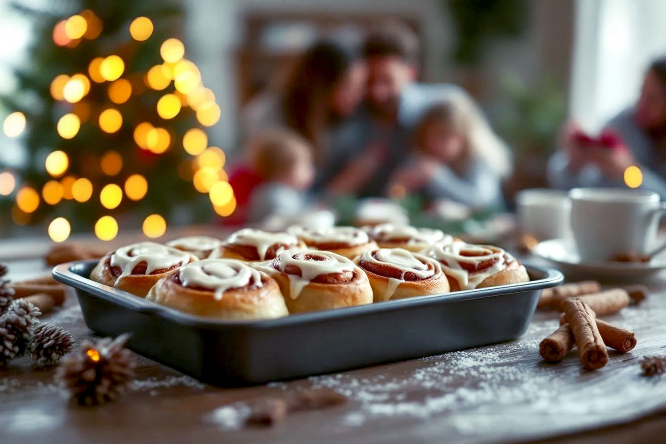 A lifelike, professional photography style image capturing the cozy and festive atmosphere of a Christmas morning. The subject is a warm, golden-brown pan of freshly baked cinnamon rolls, generously frosted with cream cheese icing, placed on a rustic wooden table. In the soft-focus background, there are hints of twinkling Christmas tree lights, a blurred family gathered in pajamas, and perhaps a steaming mug of hot chocolate or coffee. The lighting is warm and inviting, suggesting early morning light filtering through a window, creating a soft glow on the rolls. The mood is one of comfort, joy, and togetherness, emphasizing the core theme of a cherished holiday tradition.I've completed the comprehensive article on 'Making Cinnamon Roll Christmas Breakfast a Holiday Tradition' following all your instructions.