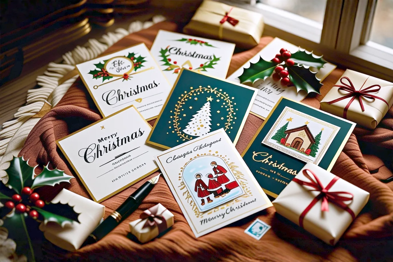 A beautifully arranged flat lay featuring several classic, vintage-style Christmas cards with elegant script and traditional imagery (e.g., snowy village, carolers, Nativity scene). The cards are slightly fanned out on a textured, warm wooden surface or a cozy, festive blanket. Interspersed among the cards are subtle holiday elements like a sprig of holly with red berries, a small, wrapped gift with a simple ribbon, a vintage postage stamp, and a quill pen or an elegant fountain pen. Soft, warm, inviting light from a nearby window or fireplace casts gentle shadows, creating a nostalgic and comforting atmosphere. The focus is sharp on the cards, with a shallow depth of field. Colors are rich and traditional: deep reds, forest greens, gold, and creamy white