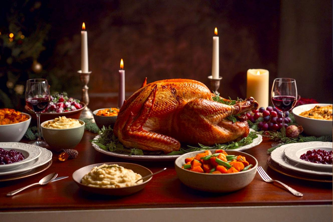 A beautifully styled, high-angle, professional studio photograph of a traditional Christmas dinner table. The scene should be warm and inviting, with soft, ambient lighting. The main focus is a perfectly roasted, golden-brown turkey or prime rib, prominently placed in the center. Around it, artfully arranged classic side dishes like creamy mashed potatoes in a rustic bowl, vibrant cranberry sauce, green bean casserole, and sweet potato casserole. There should be hints of festive decorations like subtle greenery (holly or pine sprigs), polished silverware, and elegant dinnerware. The background should be softly blurred to keep the focus on the food, but suggest a cozy, holiday setting. The overall mood is one of abundance, warmth, and classic holiday tradition. Lifelike, pro photography style.
