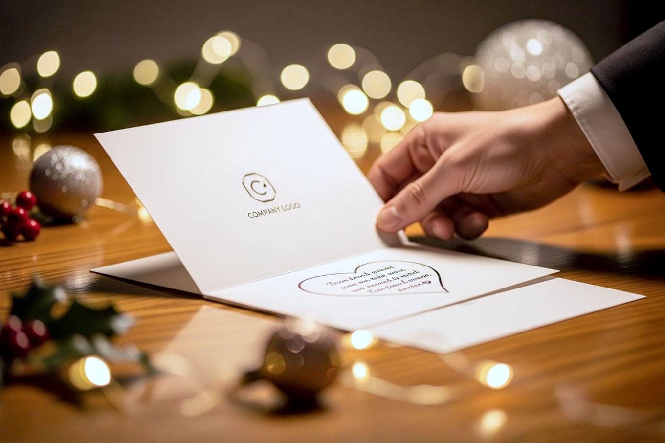 A warm, inviting, and professional photography style image. The scene features a beautifully designed, elegant Christmas card with a subtle company logo, partially open to reveal a heartfelt, handwritten-style message. The card rests on a polished wooden desk, surrounded by soft, festive lighting (bokeh lights in the background) and a few subtle, tasteful holiday decorations like a sprig of holly or a small, blurred festive ornament. A professional-looking hand (gender-neutral, perhaps with a watch or subtle cuff) is gently placing or holding the card. The focus is sharp on the card and message, with a shallow depth of field. The mood is sincere, appreciative, and sophisticated. Lifelike, pro photography.
