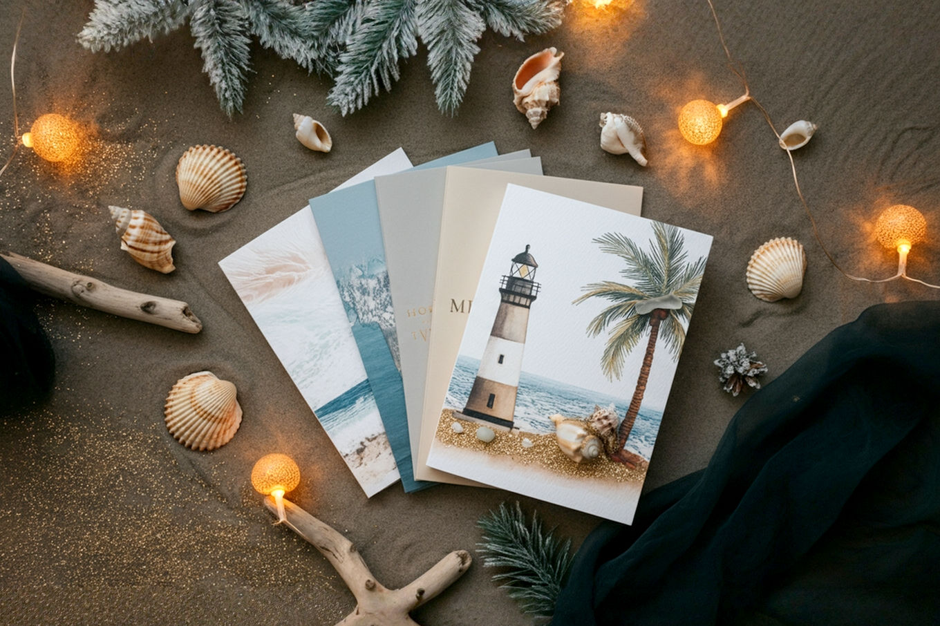 Pro photography style, lifelike, impactful. A beautifully arranged flat lay featuring a stack of elegant coastal Christmas cards. The cards should showcase various designs: one with delicate seashells and sea glass, another with a subtle lighthouse, and a third with a vibrant palm tree. Surrounding the cards, artfully placed elements include a few real, clean seashells, a small piece of weathered driftwood, a sprig of frosted holly, and a tiny, shimmering string of fairy lights. The background should be a soft, sandy texture, perhaps with a hint of blurred ocean in the distance. The lighting is warm and inviting, suggesting a cozy yet bright holiday atmosphere. Focus on rich textures and a serene color palette of muted blues, greens, creams, and soft golds.