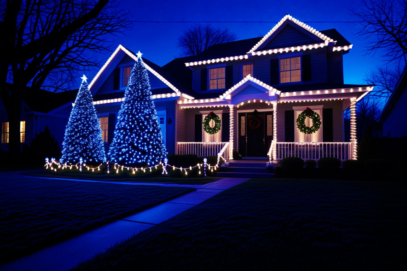A wide-angle, eye-level professional photograph of a beautifully decorated suburban house at dusk during Christmas. The house is illuminated with warm white LED Christmas lights outlining the roofline, windows, and front porch. A large, elegantly wrapped evergreen tree stands prominently in the front yard, also adorned with warm white lights. Cohesive elements include a lit garland draped along the porch railing and a festive wreath on the front door, both integrated with the warm white light theme. The overall mood is magical, inviting, and cozy.
