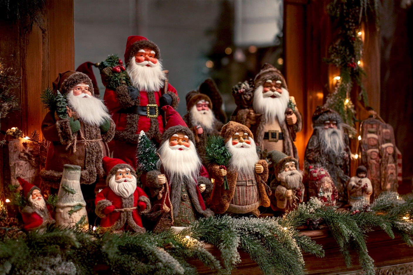 A professional, lifelike photograph of a beautifully arranged collection of diverse decorative Santa Claus figures on a rustic wooden mantelpiece, bathed in warm, soft holiday lighting. The composition features Santas of various sizes, materials (wood, ceramic, fabric), and styles (traditional, folk art, whimsical), creating a rich visual tapestry. Some Santas are subtly spotlit, while others are nestled among lush green garland, frosted pinecones, and delicate, twinkling LED fairy lights. The background is softly blurred, suggesting a cozy, festive living room environment. The mood is warm, inviting, and evokes the magic and nostalgia of Christmas collecting. Focus on sharp detail, rich textures, and a shallow depth of field to highlight the figures.