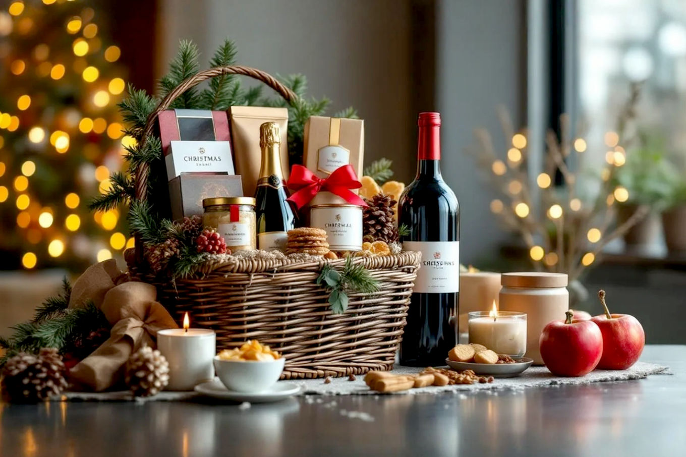 A beautifully arranged, luxurious corporate Christmas basket filled with high-quality gourmet food items, fine wine, and elegant packaging, set against a subtly festive, professional office backdrop. The lighting should be soft and inviting, highlighting the premium nature of the contents. Lifelike pro photography style, warm tones, shallow depth of field.
