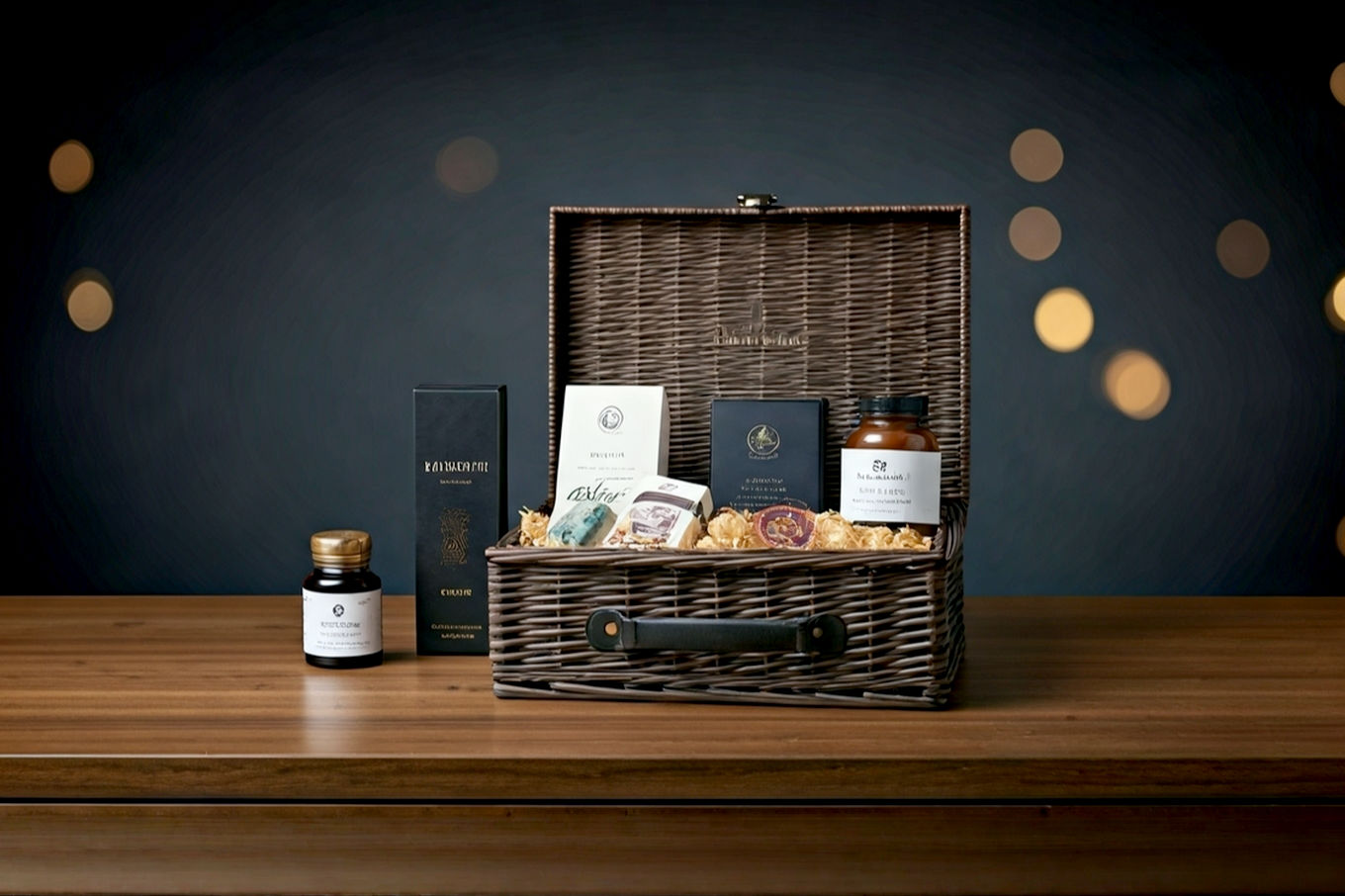 A high-angle, professional studio photograph of a beautifully arranged luxury corporate Christmas hamper. The hamper should be open, revealing a curated selection of gourmet food items (e.g., artisanal cheeses, fine chocolates, specialty coffee), a sleek tech accessory (e.g., a high-quality pen or small power bank), and a subtle, elegant branded element (like a debossed leather tag or a sophisticated ribbon with a faint logo). The background is a clean, modern office desk with soft, warm holiday lighting, suggesting professionalism and warmth. The overall aesthetic is sophisticated, inviting, and high-quality, with a shallow depth of field to highlight the hamper's contents. Lifelike pro photography style.