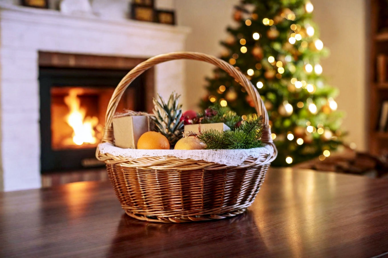 A beautifully arranged, lifelike professional photograph of a luxurious holiday gift basket overflowing with a diverse selection of gourmet food items, cozy textiles, and small, elegant decorative elements. The basket is a rustic, light-colored wicker, placed on a warm, inviting wooden surface, possibly near a subtly blurred fireplace or festive holiday lights in the background. Soft, warm, golden hour lighting highlights the textures of the items, creating a sense of comfort and abundance. The composition is a close-up, slightly elevated shot, focusing on the rich details of the contents, with some items artfully spilling out. The mood is warm, inviting, and sophisticated, evoking the joy and generosity of the holiday season.