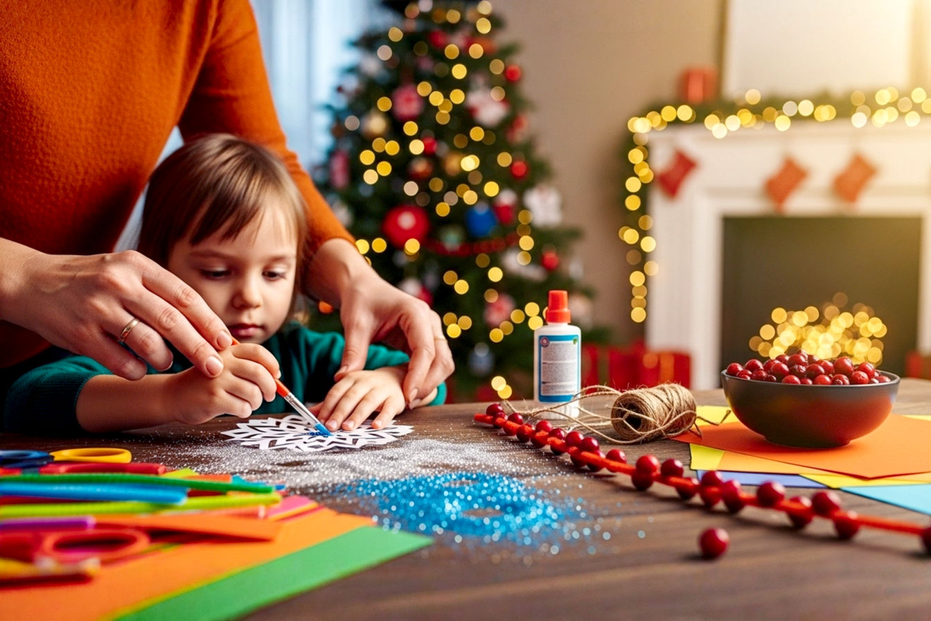 A vibrant, lifelike professional photograph of a cozy, warmly lit living room scene during Christmas. In the foreground, hands (adult and child) are actively engaged in crafting, perhaps gluing glitter onto a homemade paper snowflake or threading cranberries onto a garland. The focus should be on the hands and the craft materials, showing intricate details of the DIY process. In the softly blurred background, a beautifully decorated Christmas tree with visible handmade ornaments, a fireplace with a festive garland, and twinkling fairy lights create a warm, inviting, and joyful atmosphere. The lighting is soft, golden, and diffused, emphasizing the festive glow. The overall mood is heartwarming, creative, and family-oriented, capturing the essence of handmade holiday cheer. Shot with a prime lens, shallow depth of field, natural light, high resolution.