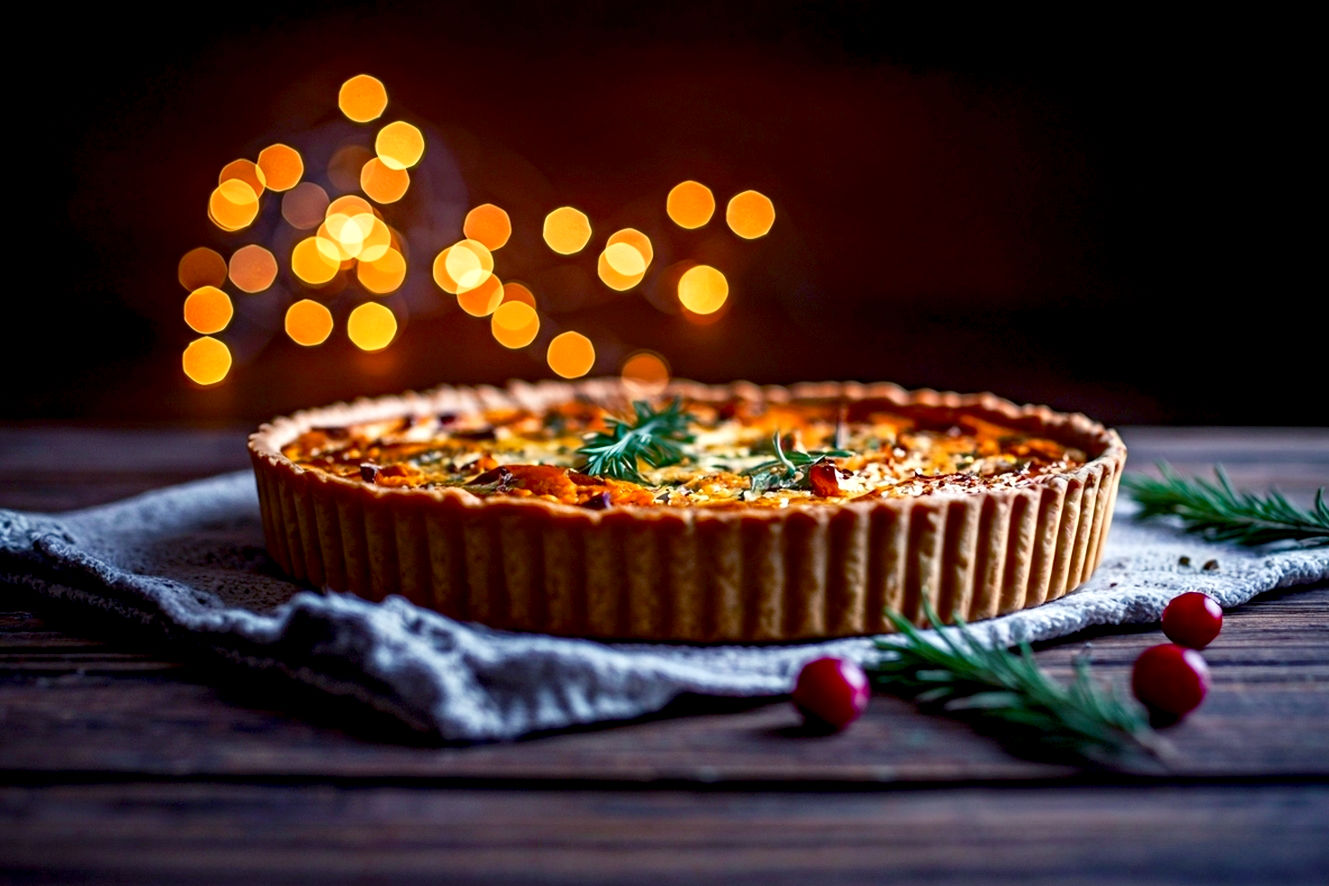 A lifelike, professional photography style image of a beautifully presented, festive Christmas quiche on a rustic wooden table. The quiche is golden brown, with a perfectly crimped crust and visible, colorful fillings like roasted butternut squash, cranberries, and green herbs. It is surrounded by subtle, elegant Christmas decorations such as a few scattered fresh cranberries, a sprig of rosemary, and soft, blurred fairy lights in the background. The lighting is warm and inviting, casting gentle shadows that highlight the textures. The composition is a close-up, slightly elevated shot, focusing on the quiche as the centerpiece, with a shallow depth of field to create a soft, appealing bokeh. The mood is cozy, sophisticated, and celebratory, evoking the joy of a holiday meal.
