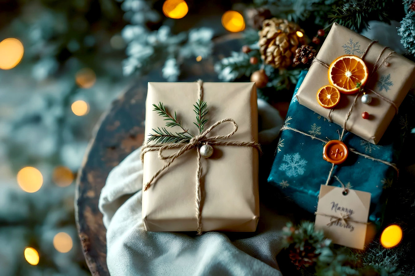 A beautifully composed, lifelike professional photograph of a collection of creatively wrapped Christmas gifts. The gifts should showcase diverse, unique wrapping ideas: one wrapped in kraft paper with a sprig of pine and dried orange slices tied with twine, another in a rich velvet fabric with a wax seal, and a third with hand-stamped patterns and a miniature ornament. The composition should be a close-up, slightly overhead shot on a rustic wooden surface, with soft, warm, diffused natural light creating gentle highlights and shadows. The background should be subtly blurred with hints of festive bokeh. The mood is elegant, cozy, and inviting, emphasizing the artistry and thoughtfulness of the presentation. Focus on intricate details and rich textures, making the gifts appear tangible and desirable.