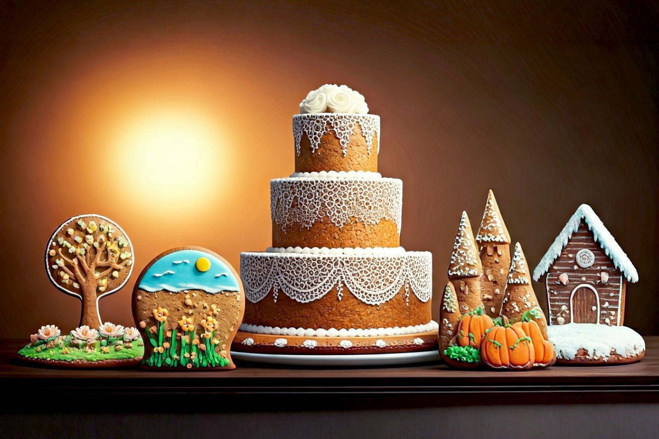 A professional, lifelike, high-resolution photograph showcasing a diverse array of intricately decorated gingerbread creations. The composition should feature a central, elegantly crafted gingerbread wedding cake tier adorned with delicate royal icing lace, flanked by smaller, whimsical gingerbread elements representing different seasons: a miniature spring flower bed with tiny blossoms, a vibrant summer beach scene with a gingerbread sandcastle, a rustic autumn pumpkin patch, and a snowy winter chalet.