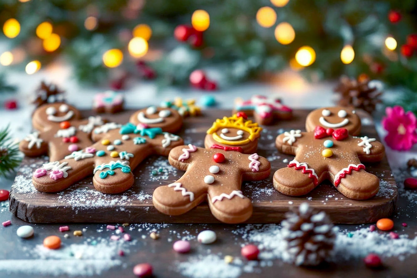 Professional, brightly lit, high-resolution studio photograph of a collection of intricately decorated gingerbread men cookies arranged artfully on a rustic wooden board. The cookies feature diverse, creative designs like a superhero gingerbread man, a unicorn gingerbread man, a Santa Claus gingerbread man, and a robot gingerbread man, showcasing vibrant royal icing colors, edible glitter, and small candies. The composition is a flat lay, slightly angled, with soft, diffused lighting that highlights the textures and details of the icing. A few scattered festive sprinkles and a subtly blurred background of warm, cozy holiday lights create a joyful, inviting, and professional aesthetic. The image should evoke creativity, festive fun, and the deliciousness of holiday baking.