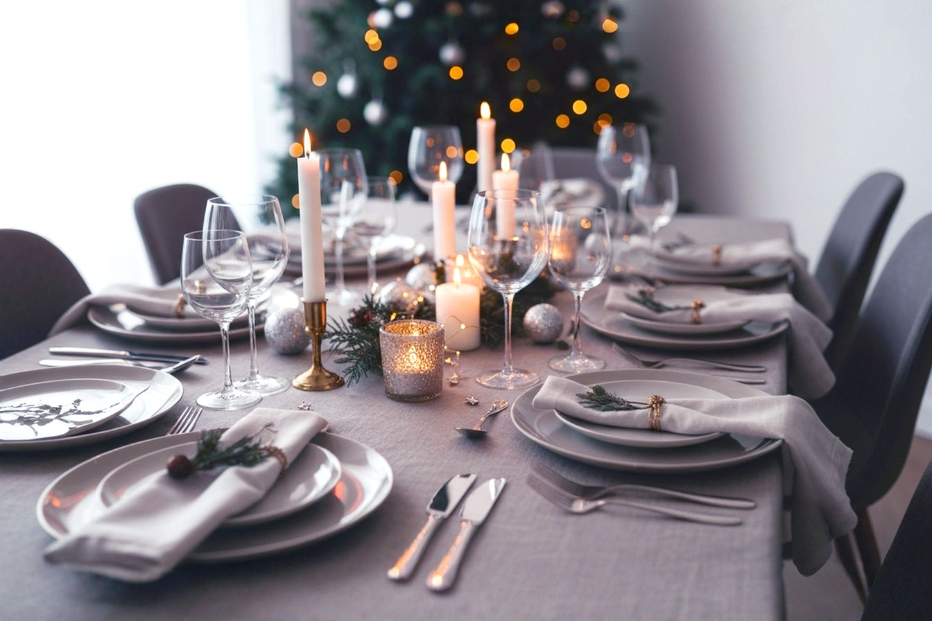 Lifelike professional photography of a beautifully decorated Christmas dinner table, set for a festive evening meal. The table is adorned with a cohesive theme, featuring elegant place settings, a captivating centerpiece with warm, flickering candlelight, and subtle sparkling accents. Focus on the intricate details of the table setting, showcasing textures of linens, polished dinnerware, and festive elements. The composition should be a slightly elevated, wide shot, capturing the full length of the table with a soft, inviting glow emanating from the candles and perhaps some fairy lights. The background should be softly blurred, hinting at a cozy, festive home interior. The mood is warm, inviting, and sophisticated. Emphasize realistic lighting and high-quality, sharp focus on the table elements.