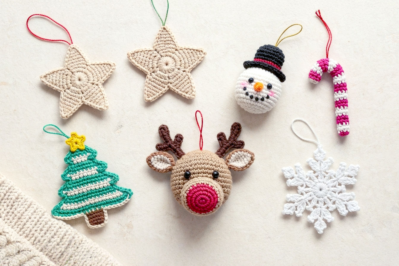 Professional studio photography, high-resolution, bright and airy lighting. A beautifully composed flat lay featuring a collection of seven distinct, meticulously crafted crochet Christmas decorations. Include a classic crochet star ornament, a cute amigurumi snowman, a festive striped candy cane, a whimsical flat Christmas tree applique, a charming round bauble, an adorable reindeer head ornament, and an elegant white snowflake ornament.