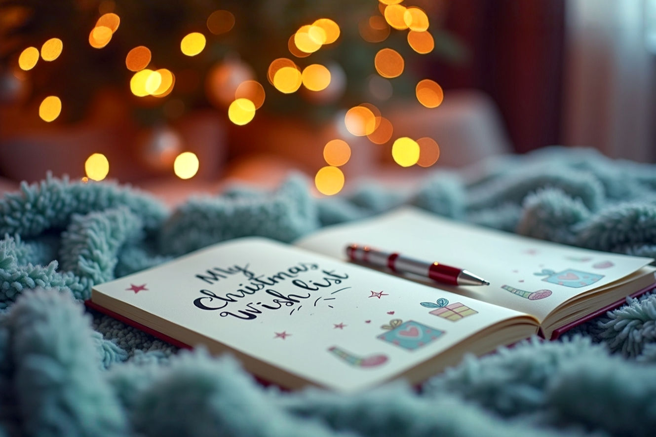 A cozy, warm, and inviting professional photograph of a beautifully decorated Christmas living room. In the foreground, a stylish, open journal or notebook lies on a plush, soft blanket, with a festive pen resting beside it. The journal has "My Christmas Wish List" written in elegant, whimsical script, and features small, hand-drawn, cute illustrations of gift icons (e.g., a tiny wrapped present, a steaming mug, a cozy sock). Soft, warm fairy lights are blurred in the background, creating a bokeh effect. A part of a decorated Christmas tree is visible, adding to the festive atmosphere. The lighting is soft and golden, suggesting a peaceful evening. The mood is dreamy, hopeful, and comforting. Shot with a shallow depth of field, focusing sharply on the journal.