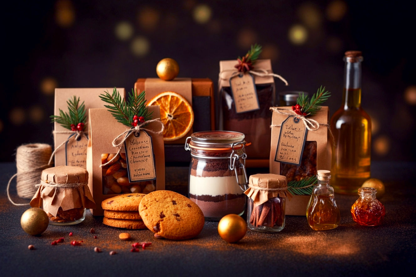 A lifelike, professional photography style image capturing a beautifully arranged assortment of homemade Christmas food gifts. The composition should be a slightly overhead, close-up shot with a shallow depth of field, highlighting various edible gifts such as festive cookies, jars of layered hot chocolate mix, spiced nuts, and small bottles of infused oil. Each item should be meticulously packaged with natural twine, festive ribbons, custom handwritten labels, and small decorative elements like pine sprigs or dried orange slices. The lighting should be soft, warm, and inviting, evoking a cozy holiday atmosphere, with gentle bokeh in the background. The overall mood is heartwarming, elegant, and festive, emphasizing the thoughtful and delicious nature of DIY food gifts for Christmas.