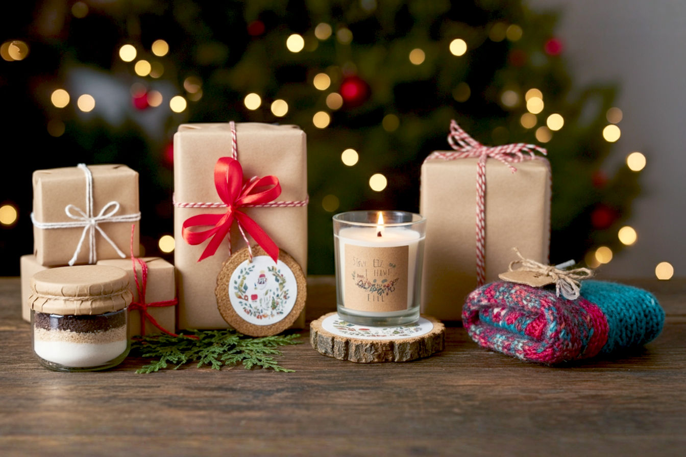 Professional, lifelike studio photograph of beautifully wrapped and presented DIY Christmas gifts for adults. The scene features a variety of handmade items like a gourmet food mix jar, a scented candle, a personalized coaster, and a small knitted item, artfully arranged on a rustic wooden table. Soft, warm, inviting holiday lighting from the side, creating gentle shadows and highlights. A cozy, festive background with blurred fairy lights and subtle evergreen hints. Focus on the intricate details and textures of the gifts, conveying warmth, thoughtfulness, and high quality. Shallow depth of field to emphasize the gifts.