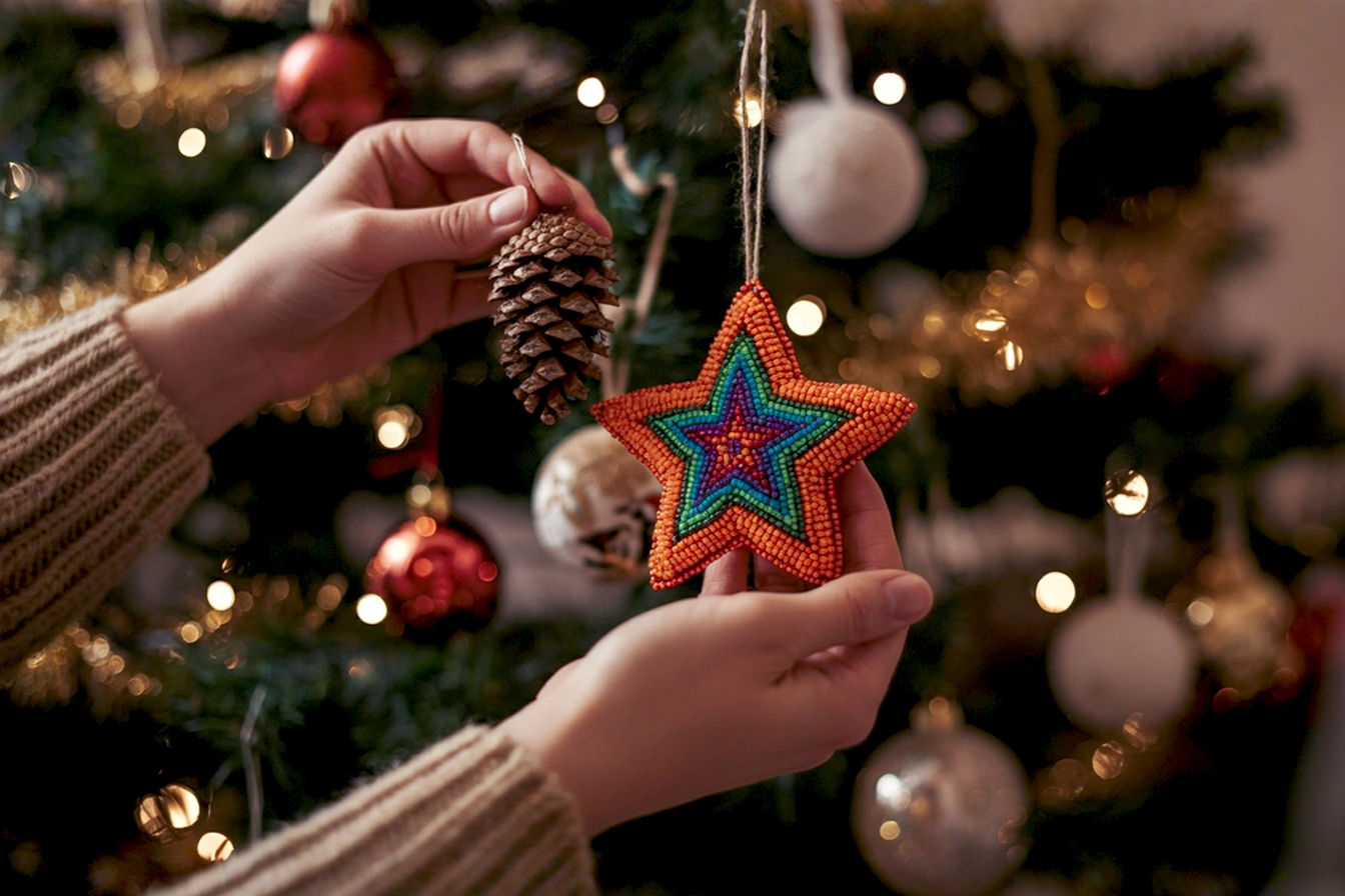 Lifelike professional photography style image. A cozy, warmly lit scene showcasing various handmade Christmas ornaments hanging on a subtly blurred, decorated Christmas tree in the background. In the foreground, people are gently placing or admiring a beautifully crafted ornament. Focus on intricate details of different ornament types: a rustic pinecone ornament, a sparkling beaded star, and a colorful fabric creation. The composition should be a close-up, shallow depth of field shot, emphasizing the textures and warmth of the ornaments and hands. Soft, inviting golden hour lighting creates a festive, nostalgic mood. The core theme is the joy and creativity of making Christmas ornaments by hand.