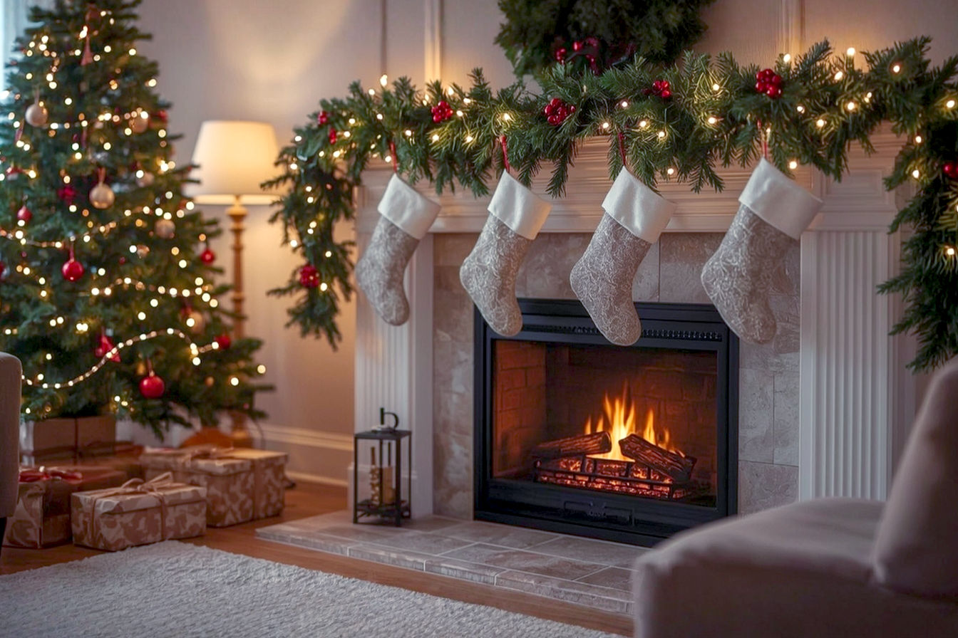 A lifelike, professional photograph in a cozy, festive living room. The central focus is a beautifully decorated, realistic-looking faux fireplace, adorned with a lush evergreen garland, twinkling warm white LED lights, red berries, and classic Christmas stockings hung from a rustic wooden mantel. Inside the firebox, there's a realistic electric fireplace insert with a warm, flickering flame effect. To the left, a softly lit, decorated Christmas tree with wrapped gifts beneath. The room is warm and inviting, with soft ambient lighting, perhaps from a nearby lamp or string lights. The overall mood is magical, cozy, and joyful, capturing the essence of Christmas tradition without a real fire. The composition is balanced, with a shallow depth of field to highlight the fireplace.