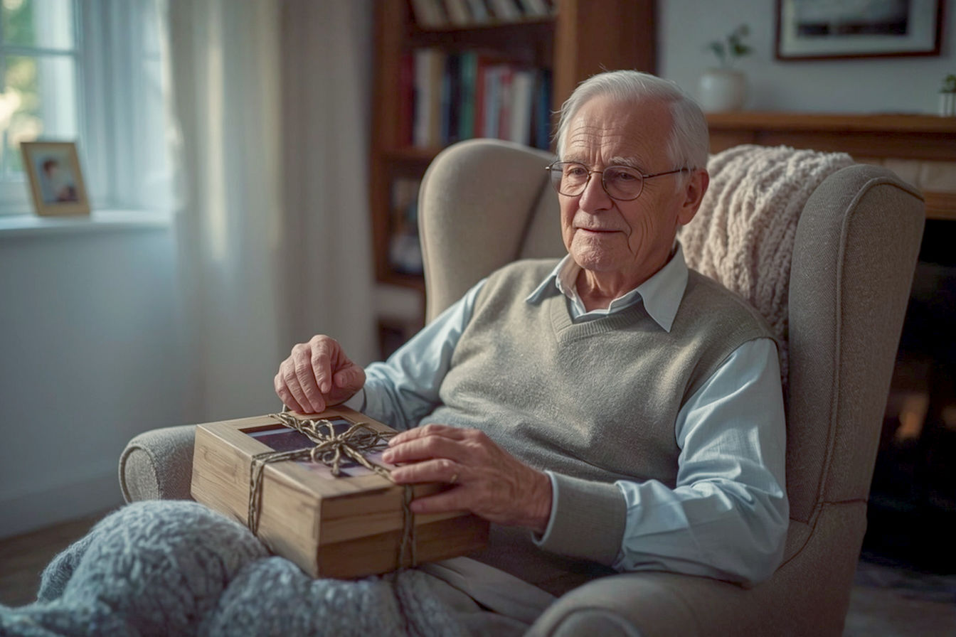 Lifelike professional photography of a warm, inviting scene. An elderly man, with kind eyes and a gentle smile, is seated in a cozy armchair, perhaps by a window with soft natural light. He is holding a handmade, personalized item, such as a rustic wooden photo frame with a cherished family photo, or a soft, knitted blanket draped over his lap. His hands, slightly aged but well-maintained, are gently touching the gift, conveying a sense of appreciation and contentment. The background is softly blurred, hinting at a comfortable home environment – perhaps a bookshelf, a warm fireplace, or a subtle family photo in the distance. The lighting is soft, warm, and golden, emphasizing a feeling of love, nostalgia, and comfort. The mood is tender, appreciative, and deeply personal. The focus is sharp on the man and the handmade gift, illustrating the core theme of 'meaningful DIY presents for Grandpa'