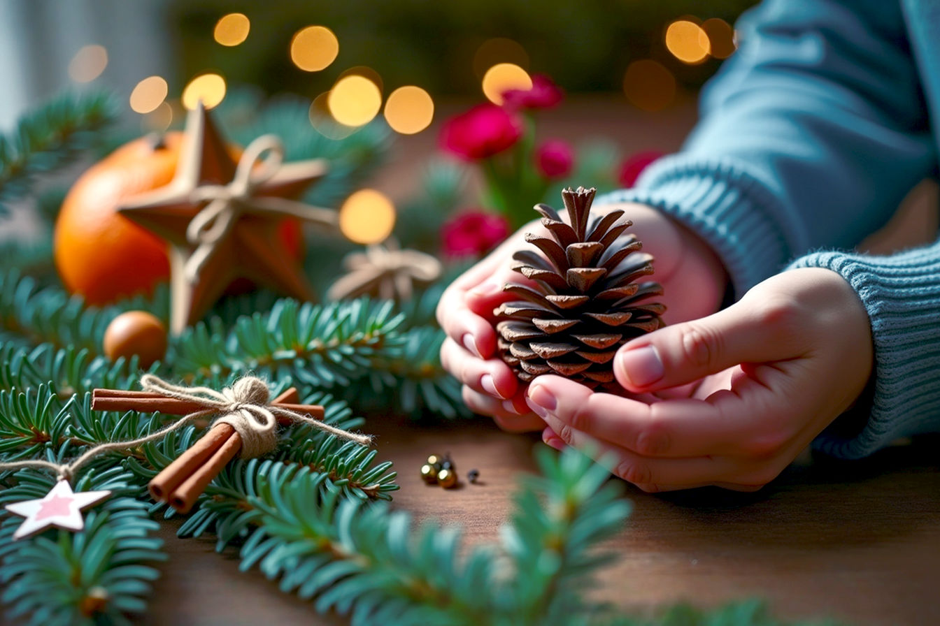 A bright, naturally lit, professional studio photograph featuring a cozy, rustic Christmas setting. The foreground shows a pair of hands (one adult, one child) gently placing a handmade, rustic pinecone ornament onto a subtly decorated evergreen branch. In the background, out of focus, are elements of simple DIY Christmas decorations: dried orange slices strung on twine, a small cluster of cinnamon sticks tied with burlap ribbon, and a few simple paper star ornaments. The overall mood is warm, inviting, and joyful. The lighting is soft, warm, and diffused, emphasizing the textures of the natural materials and the cozy atmosphere. The composition is a close-up, shallow depth of field shot, focusing on the hands and the ornament, with a bokeh background. Pro photography style, lifelike, high resolution.
