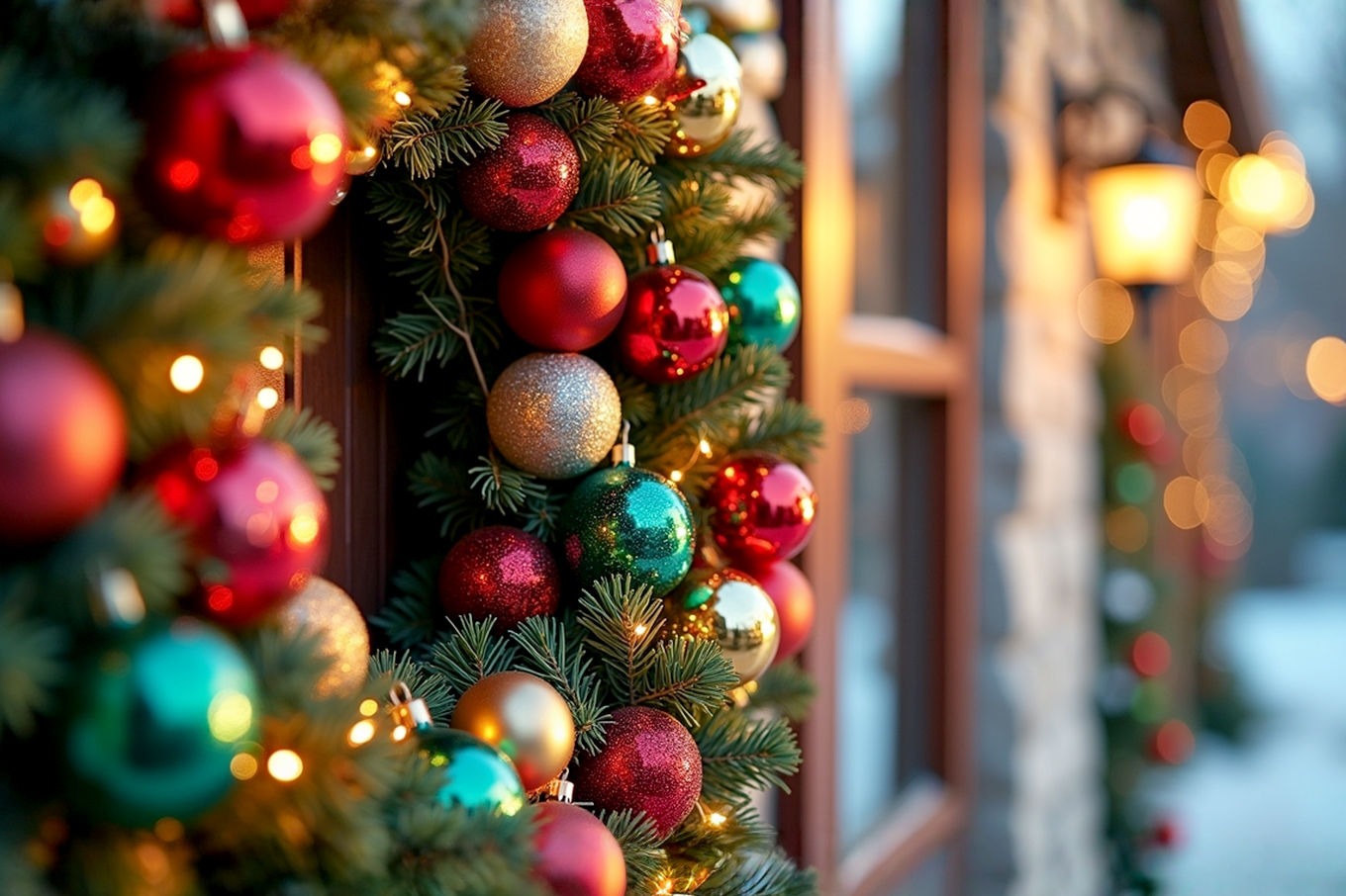 Lifelike professional photography of a dazzling, multi-colored Christmas ornament wreath hanging on a rustic wooden door. The wreath is densely packed with various sized and textured ornaments (shiny, matte, glitter, frosted) in a vibrant, festive color scheme (reds, greens, golds, silvers). Subtle LED fairy lights are woven throughout, casting a warm glow. The background shows a hint of a snow-dusted porch or festive greenery. Shot with a shallow depth of field, sharp focus on the wreath, soft bokeh background. Golden hour lighting, festive and inviting atmosphere. High resolution, detailed, pro photography style.