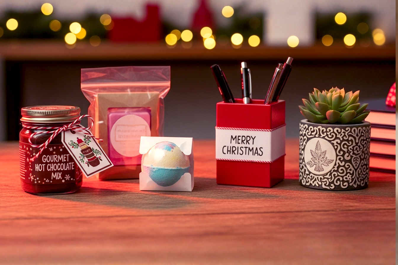 Professional, lifelike studio photography of a collection of beautifully wrapped, handmade Christmas gifts arranged artfully on a rustic wooden desk. The gifts include a small jar of gourmet hot chocolate mix with a festive tag, a neatly packaged bath bomb, a customized pen holder with pens, and a small succulent in a decorative pot. Soft, warm holiday lighting creates a cozy and inviting mood. The background is slightly blurred with subtle festive decorations, suggesting an office environment during the holidays. The composition is clean and elegant, emphasizing the thoughtful and personal nature of the DIY gifts. High-resolution, sharp focus on the gifts.