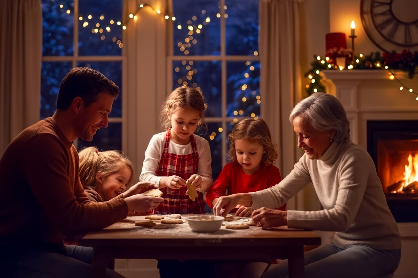 A warm, inviting, and magical scene capturing the essence of December fun for all ages. Focus on a family (parents, children, grandparents) baking Christmas cookies. The composition should be dynamic, showing interaction and joy on their faces. Soft, golden ambient lighting from string lights and a fireplace should create a cozy, festive mood. Include elements like twinkling lights, festive decorations, and perhaps a glimpse of snow outside a window. The style should be lifelike, professional photography, with a shallow depth of field to emphasize the family, and rich, vibrant colors. Core theme: Family togetherness and holiday magic.