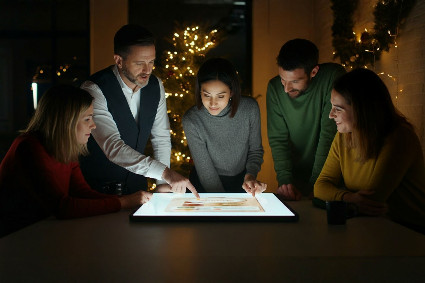 A professional, lifelike photograph showing a group of business professionals gathered around a large, illuminated tablet or monitor. On the screen, a beautifully designed, festive digital holiday card is displayed, featuring a subtle company logo and elegant seasonal graphics. One person points to the screen with a thoughtful expression, while others look on with smiles, suggesting collaboration and approval. The background is a modern, clean office space with subtle holiday decorations (e.g., a minimalist wreath, warm fairy lights). The lighting is soft and warm, evoking a sense of festive professionalism and innovation. High-resolution, pro photography style.