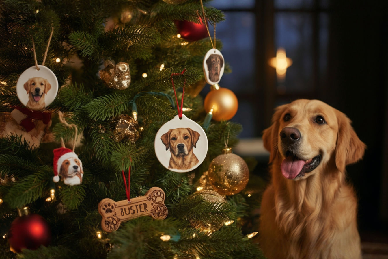 Professional, lifelike, high-resolution photograph of a beautifully decorated Christmas tree, prominently featuring various dog-themed ornaments. The ornaments should be diverse, including personalized wooden bone ornaments with names, a ceramic ornament with a detailed dog portrait, a soft felt paw print, and a subtle memorial ornament with angel wings. The tree should be adorned with warm, twinkling LED lights and traditional festive elements. A golden retriever or a playful mixed-breed dog should be peeking from behind the tree or playfully looking up at an ornament, conveying warmth, joy, and the strong bond between pets and their owners. The lighting should be soft, warm, and inviting, creating a cozy holiday atmosphere. Focus on shallow depth of field to highlight the ornaments and the dog. Shot with a professional DSLR, f/2.8 aperture, natural indoor lighting.