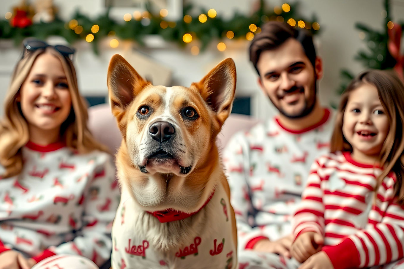 a realistic, professionally photographed christmas scene with a dog wearing pajamas with his family wearing pajamas. all pajamas are matching, creating a scene of togetherness and fun.